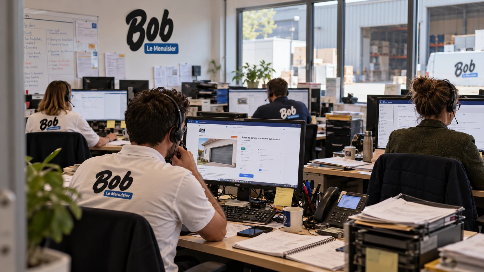 Illustration générée par IA : un plateau de conseillers en polo Bob le Menuisier, casque sur les oreilles, devant des écrans dont l’un affiche une porte de garage enroulable sur mesure ; par la fenêtre, un entrepôt et une camionnette Bob